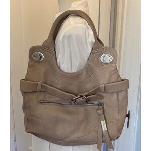 Foley + Corinna Jet Setter Taupe Leather Shoulder Bag With Front Zipper Pocket